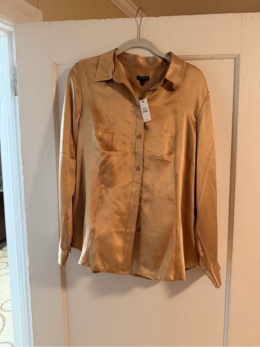 NWT Talbots 100% Silk Button Front Blouse Gold Champagne Size 12